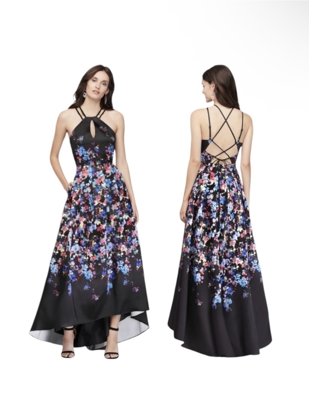 Morgan & Co. Bold Floral on Black back tie formal short train halter dress 13